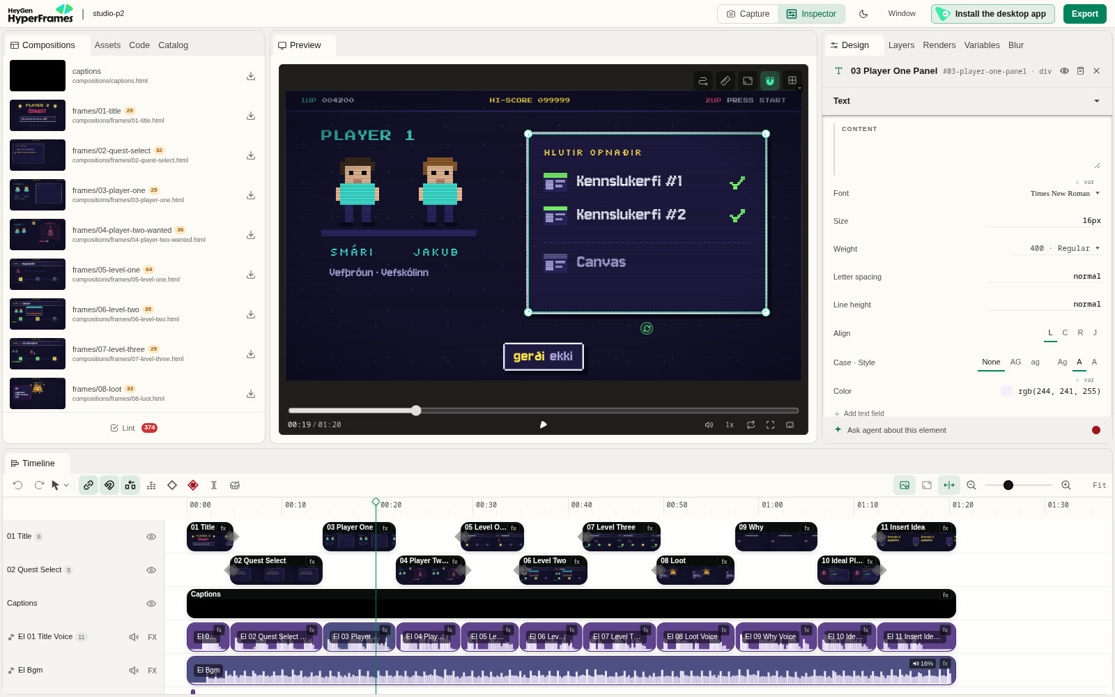 HyperFrames Studio with the Player 2 film paused at 0:19. Scene files on the left, the frame in the middle, the selected panel's properties on the right, and the timeline with scene, caption, voice and music tracks at the bottom.